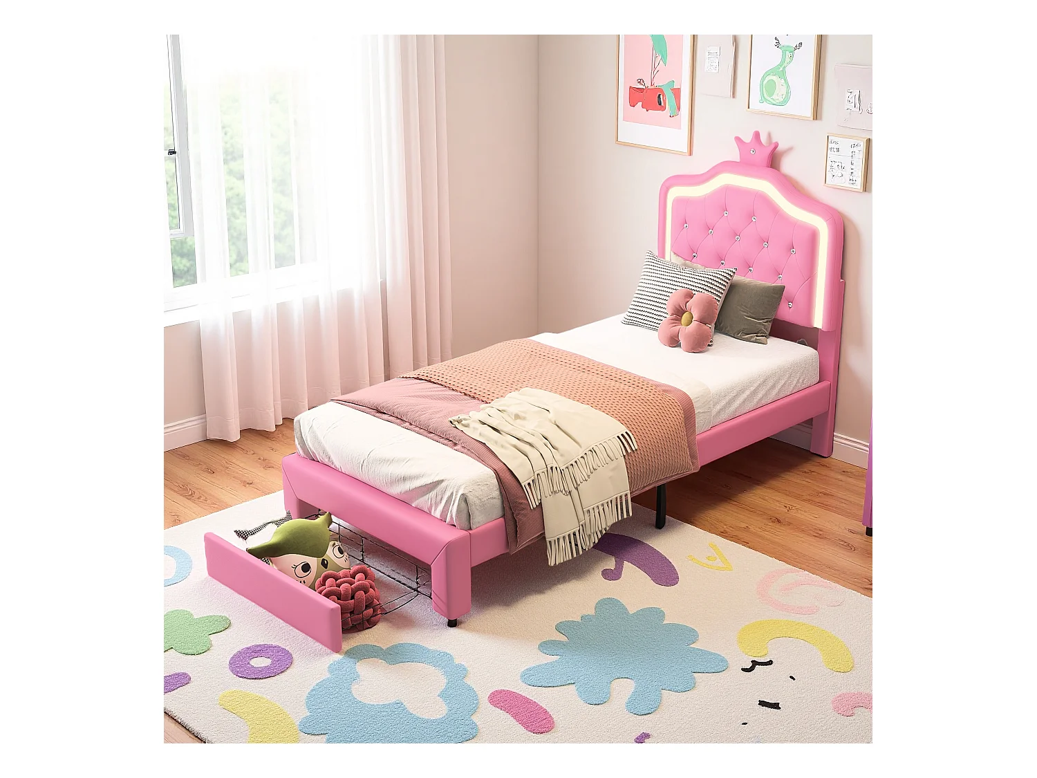 Lit enfant 90x200 cm rembourré, tête de lit réglable, 2 tiroirs, forme de couronne avec LED, style princesse, rose (sans matelas)