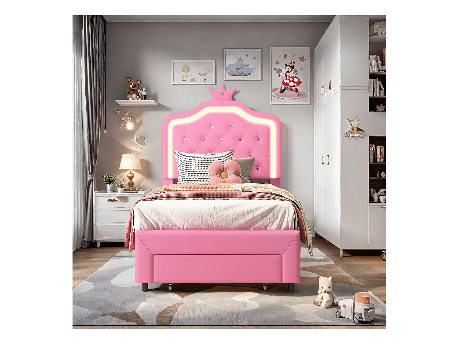 Cama infantil 90x200 cm acolchoada, cabeceira regulável, 2 gavetas, formato coroa com LED, estilo princesa, rosa (sem colchão)