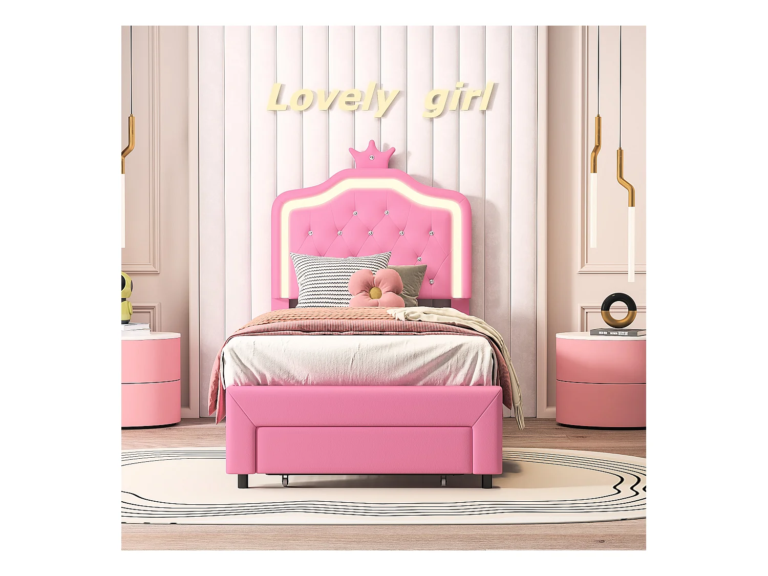 Lit enfant 90x200 cm rembourré, tête de lit réglable, 2 tiroirs, forme de couronne avec LED, style princesse, rose (sans matelas)