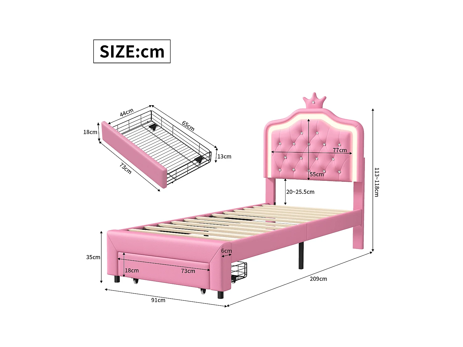 Lit enfant 90x200 cm rembourré, tête de lit réglable, 2 tiroirs, forme de couronne avec LED, style princesse, rose (sans matelas)