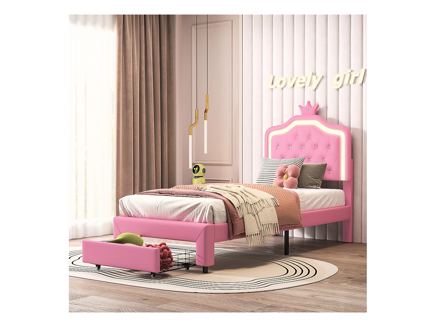 Lit enfant 90x200 cm rembourré, tête de lit réglable, 2 tiroirs, forme de couronne avec LED, style princesse, rose (sans matelas)