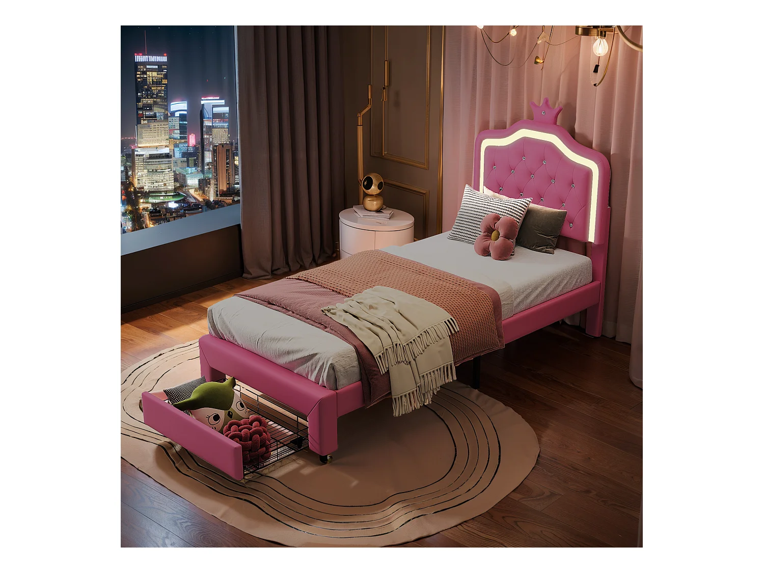 Lit enfant 90x200 cm rembourré, tête de lit réglable, 2 tiroirs, forme de couronne avec LED, style princesse, rose (sans matelas)