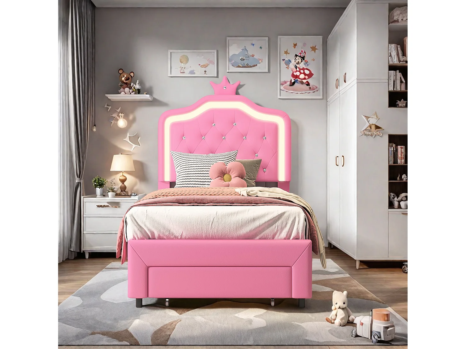 Lit enfant 90x200 cm rembourré, tête de lit réglable, 2 tiroirs, forme de couronne avec LED, style princesse, rose (sans matelas)