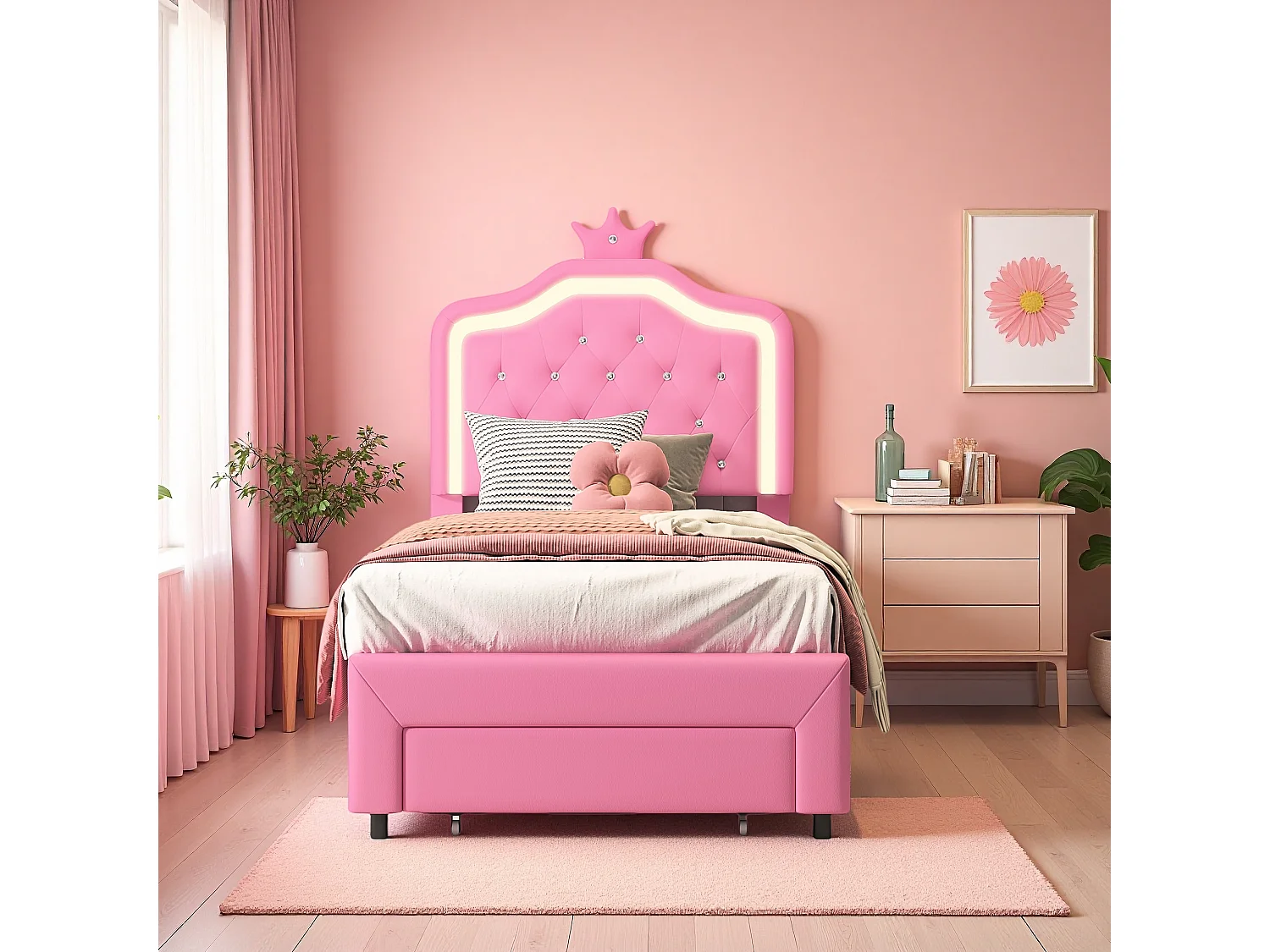 Lit enfant 90x200 cm rembourré, tête de lit réglable, 2 tiroirs, forme de couronne avec LED, style princesse, rose (sans matelas)