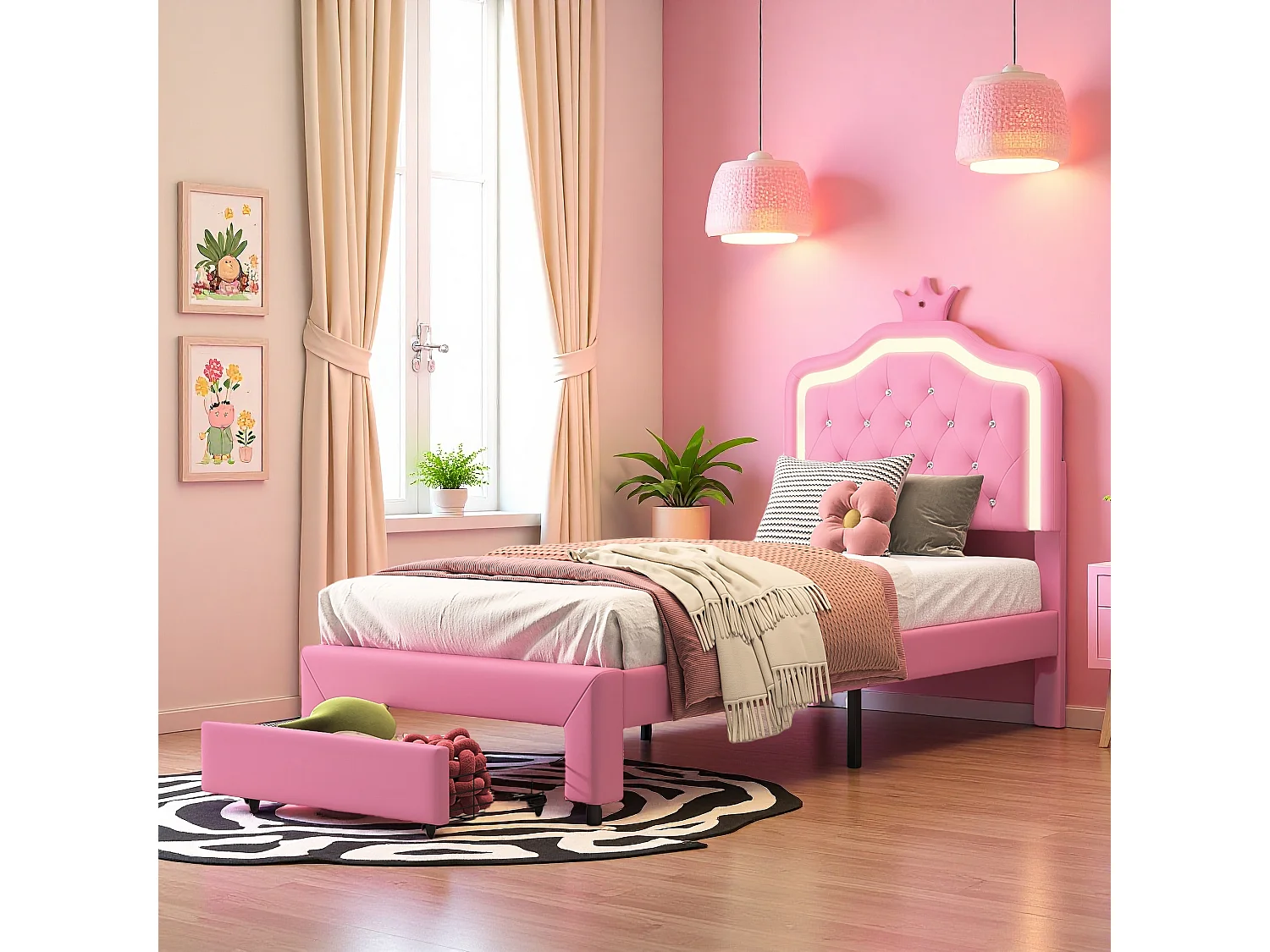 Lit enfant 90x200 cm rembourré, tête de lit réglable, 2 tiroirs, forme de couronne avec LED, style princesse, rose (sans matelas)