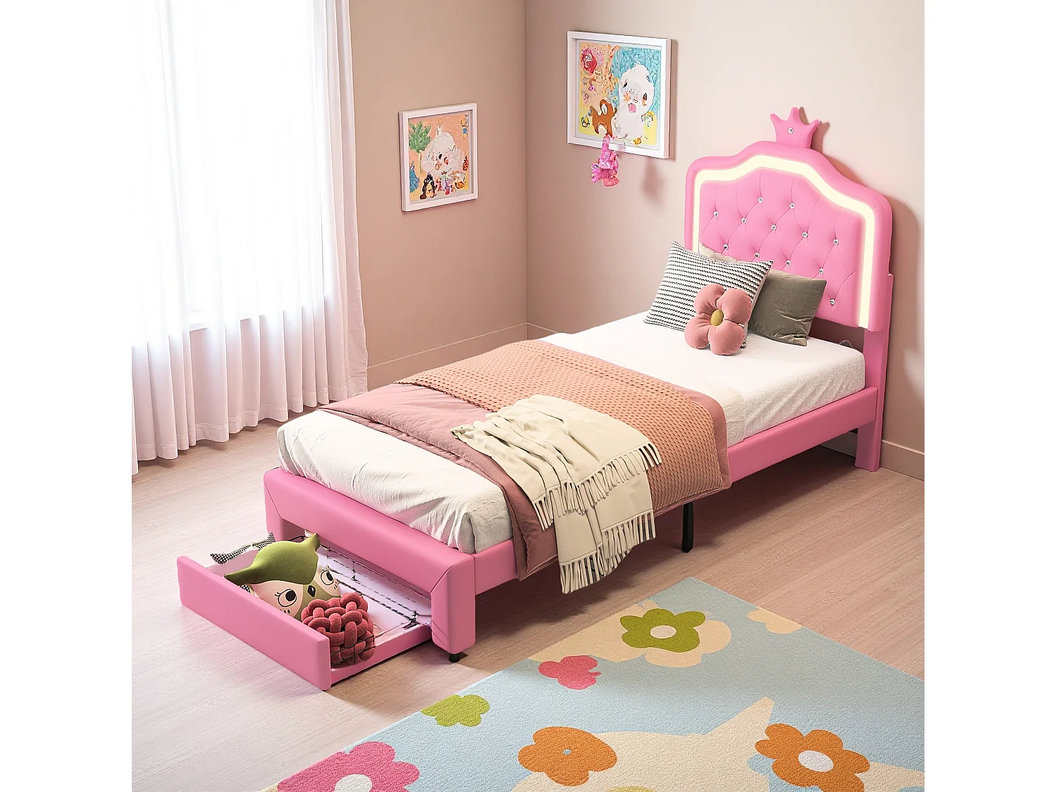 Lit enfant 90x200 cm rembourré, tête de lit réglable, 2 tiroirs, forme de couronne avec LED, style princesse, rose (sans matelas)