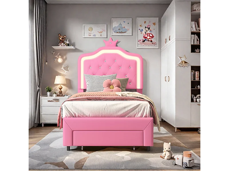 Lit enfant 90x200 cm rembourré, tête de lit réglable, 2 tiroirs, forme de couronne avec LED, style princesse, rose (sans matelas)