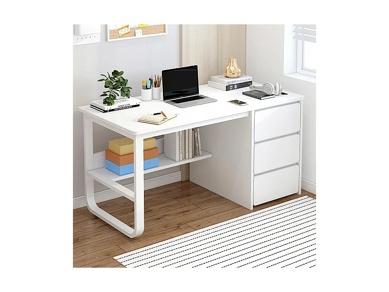 BUREAU INFORMATIQUE POUR ADOLESCENTS BLANC STYLE SCANDINAVE GRANDES ÉTAGÈRES 100 CM