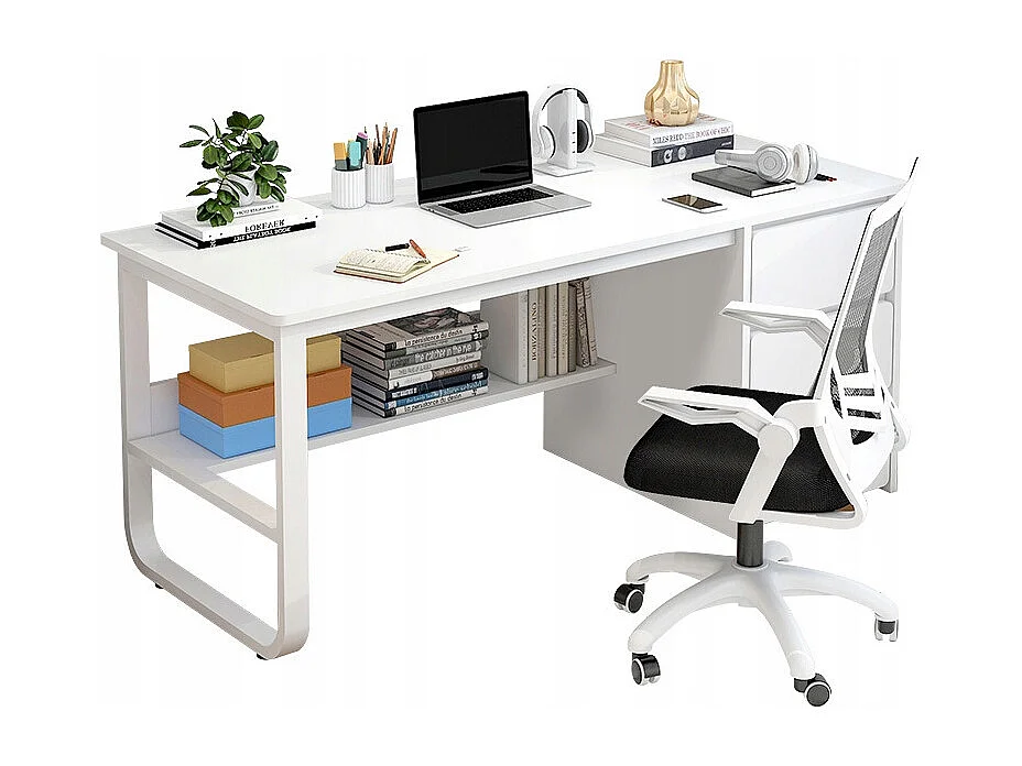 Weißer skandinavischer Computertisch 100 cm mit großen Regalen und integriertem Stauraum, modernes Design für Jugendliche