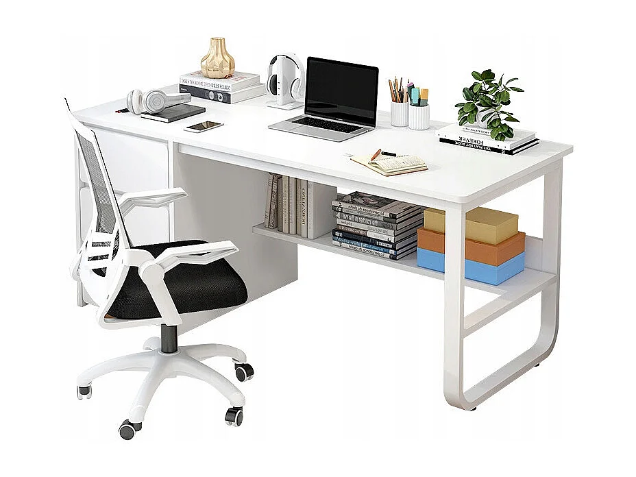 Weißer skandinavischer Computertisch 100 cm mit großen Regalen und integriertem Stauraum, modernes Design für Jugendliche