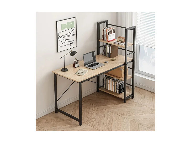 BUREAU D'ORDINATEUR AVEC ÉTAGÈRE ET ÉTAGÈRES MODERNE EN MÉTAL LOFT BRUN CLAIR