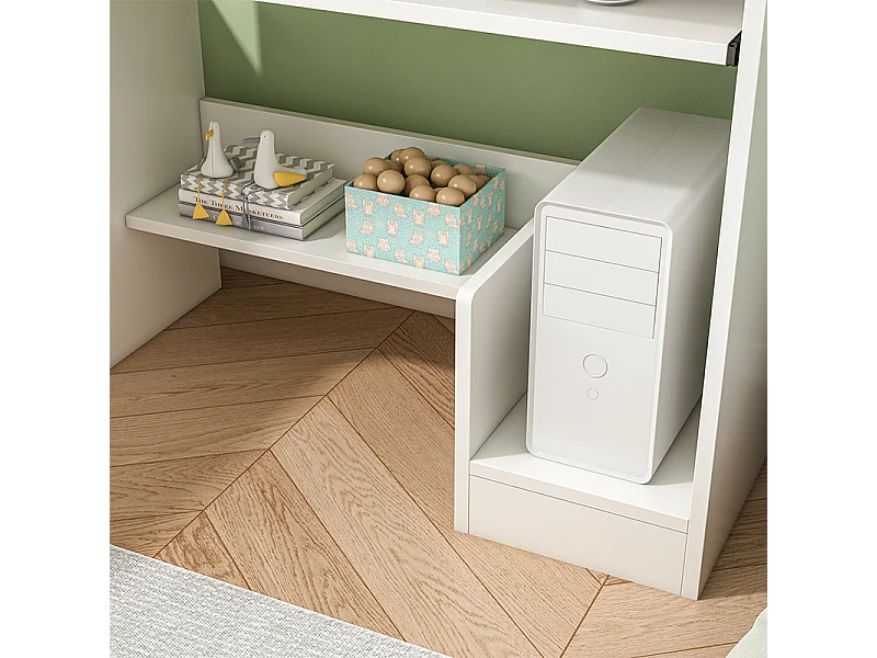 WEISSES JUGENDBÜROTISCH MIT SCHUBLADE UND REGALEN, MODERNER COMPUTERTISCH