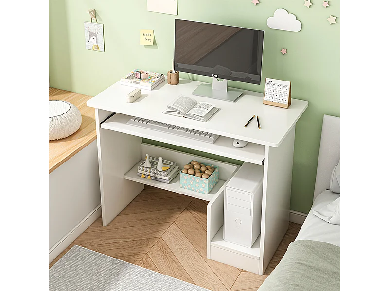 ESCRITORIO BLANCO PARA JÓVENES CON CAJÓN, ESTANTES Y MODERNA MESA PARA ORDENADOR