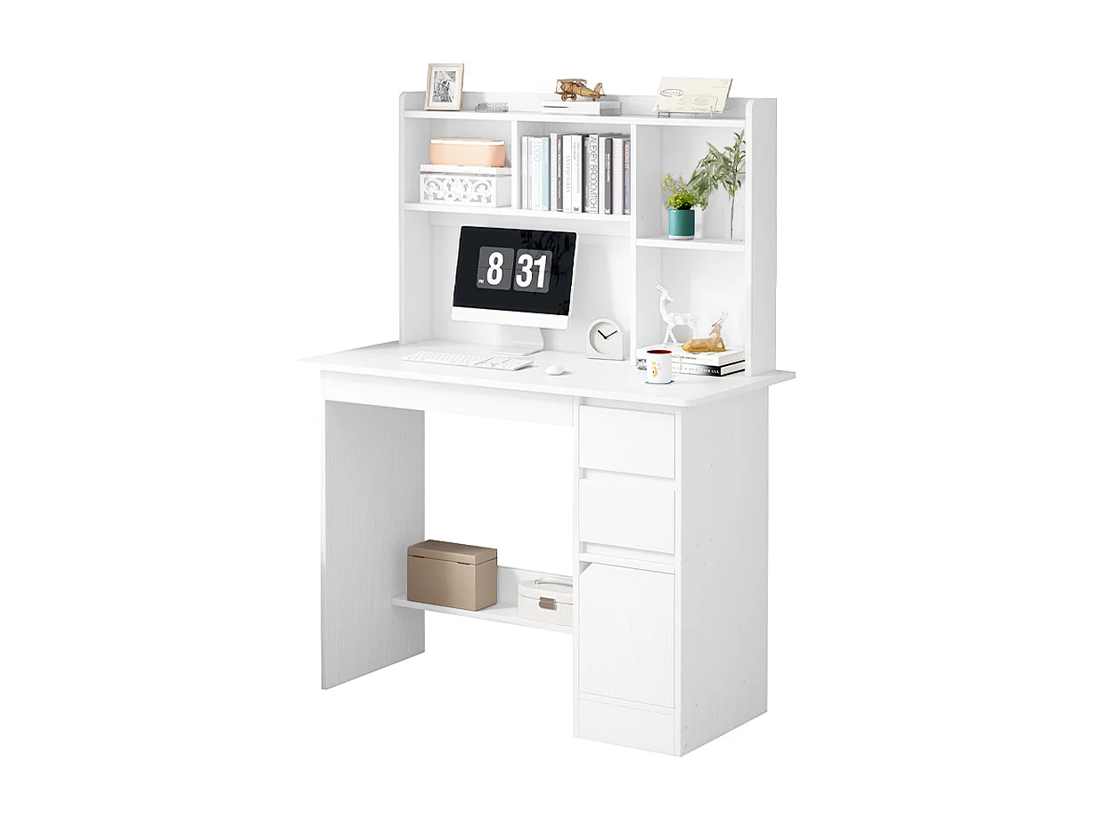 SCrivania per ragazzi con computer Tavolino LOFT bianco con scaffale, ripiani e cassetti