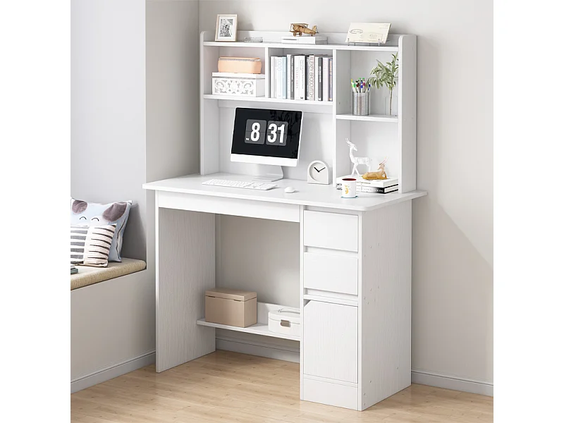 SCrivania per ragazzi con computer Tavolino LOFT bianco con scaffale, ripiani e cassetti