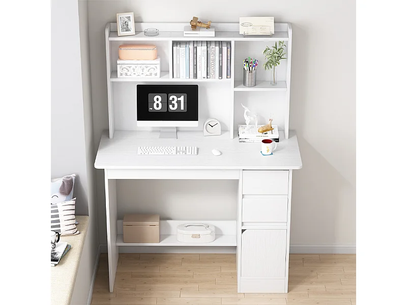 SCrivania per ragazzi con computer Tavolino LOFT bianco con scaffale, ripiani e cassetti