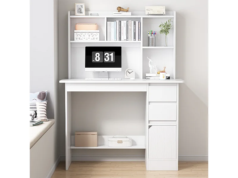 SCrivania per ragazzi con computer Tavolino LOFT bianco con scaffale, ripiani e cassetti