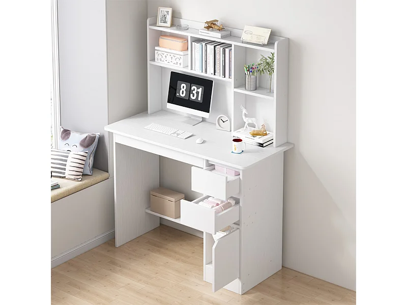 SCrivania per ragazzi con computer Tavolino LOFT bianco con scaffale, ripiani e cassetti