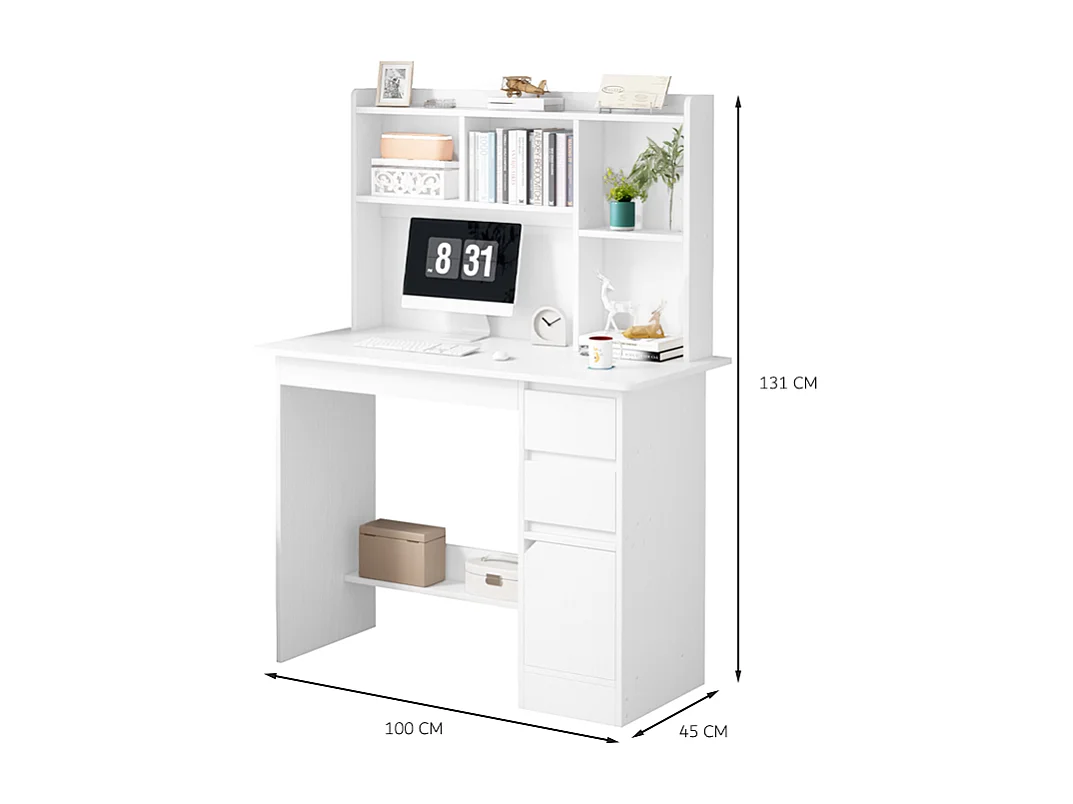 SCrivania per ragazzi con computer Tavolino LOFT bianco con scaffale, ripiani e cassetti