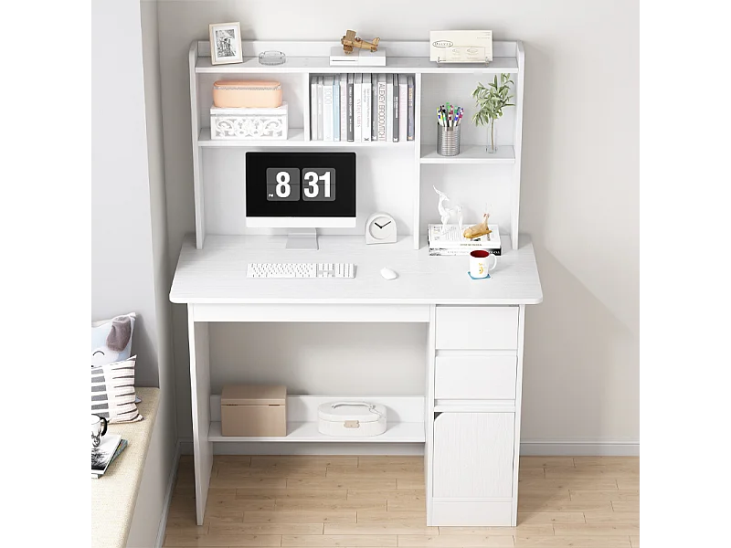 Witte computerbureau voor tieners met 3-niveaus plank, 100 cm, modern design en geïntegreerde opbergruimte