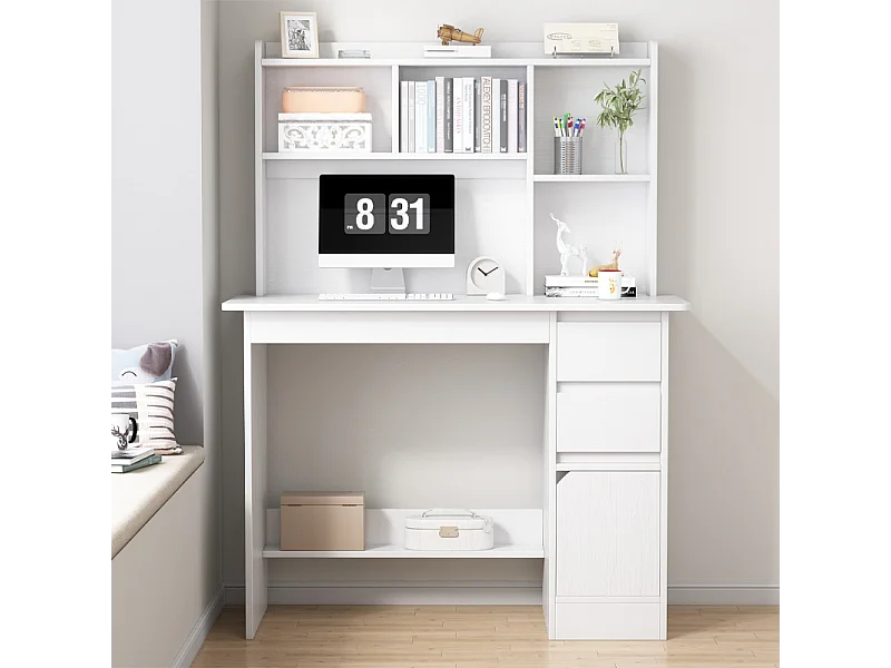 Witte computerbureau voor tieners met 3-niveaus plank, 100 cm, modern design en geïntegreerde opbergruimte
