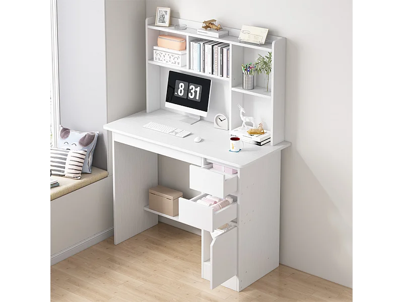 Witte computerbureau voor tieners met 3-niveaus plank, 100 cm, modern design en geïntegreerde opbergruimte