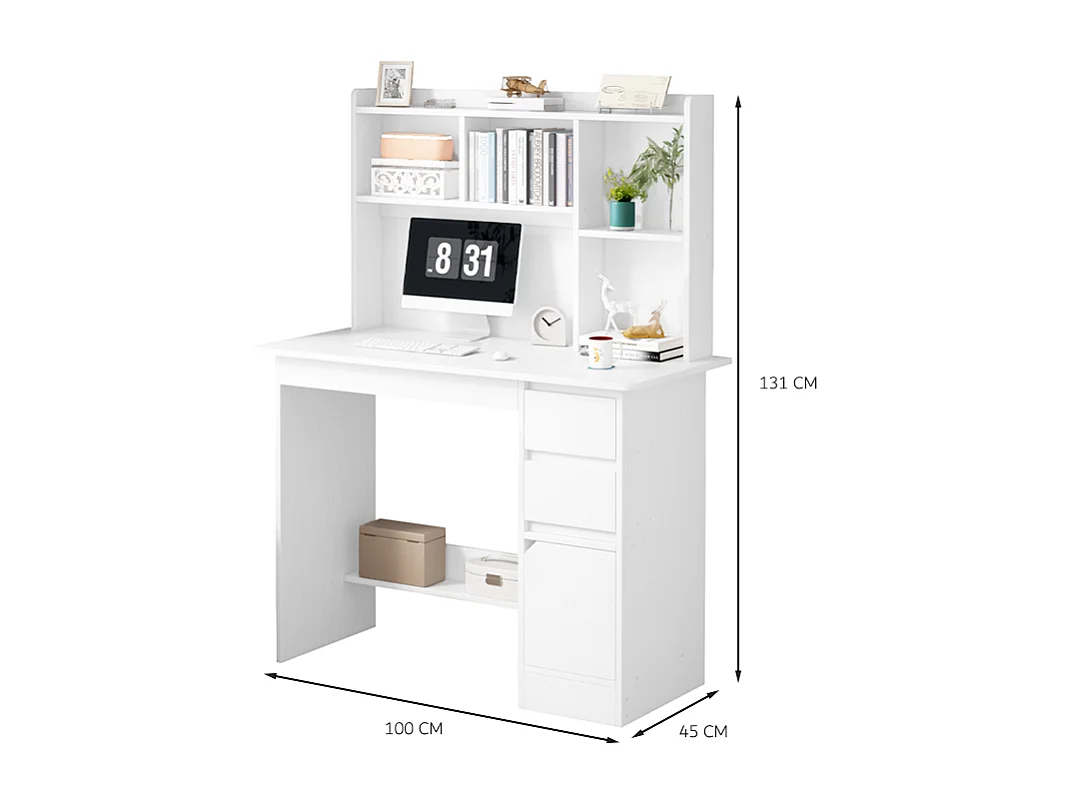 Witte computerbureau voor tieners met 3-niveaus plank, 100 cm, modern design en geïntegreerde opbergruimte