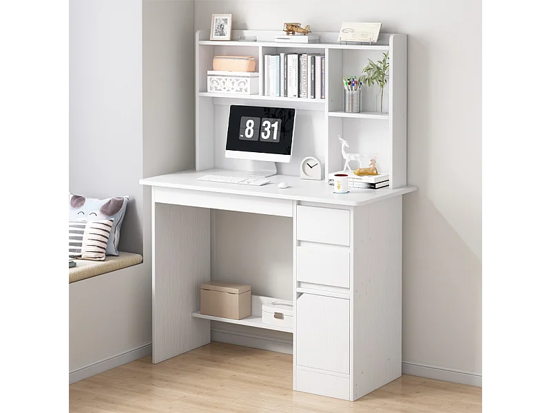 Scrivania bianca per computer per adolescenti con mensola a 3 livelli, 100 cm, design moderno e spazio di archiviazione integrato