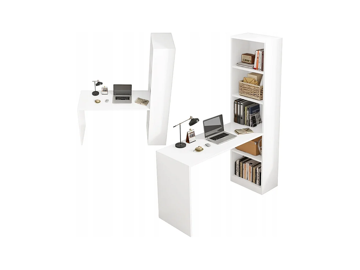 MODERNES WEISSES COMPUTER-SCHREIBTISCH FÜR JUGENDLICHE MIT REGAL UND LOFT-REGAL 125 CM