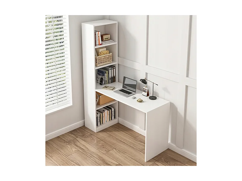 MODERNES WEISSES COMPUTER-SCHREIBTISCH FÜR JUGENDLICHE MIT REGAL UND LOFT-REGAL 125 CM