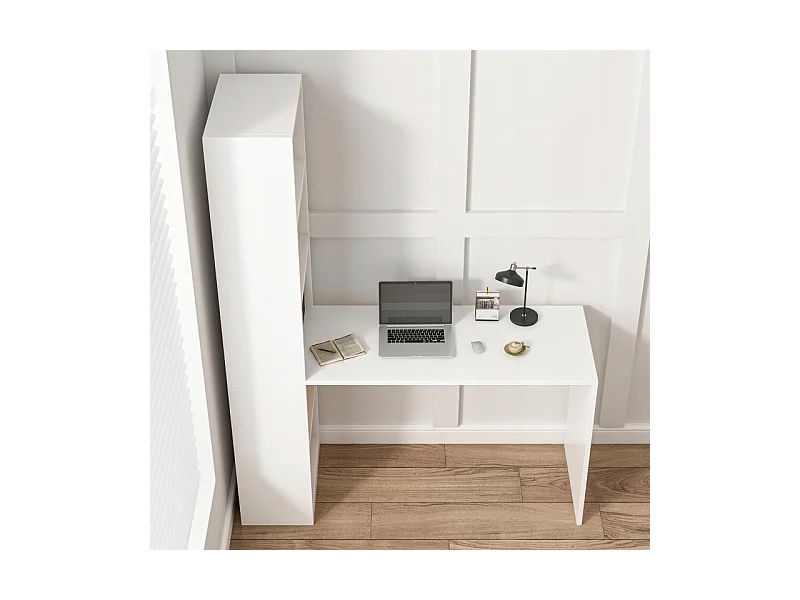 MODERNES WEISSES COMPUTER-SCHREIBTISCH FÜR JUGENDLICHE MIT REGAL UND LOFT-REGAL 125 CM