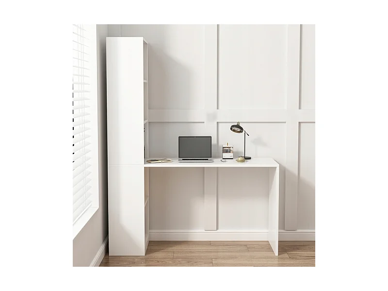 MODERNES WEISSES COMPUTER-SCHREIBTISCH FÜR JUGENDLICHE MIT REGAL UND LOFT-REGAL 125 CM