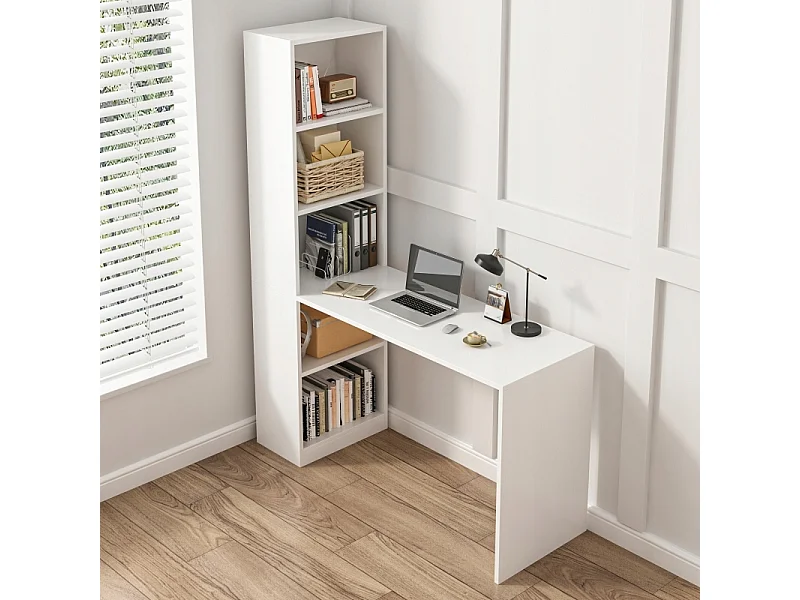 MODERNES WEISSES COMPUTER-SCHREIBTISCH FÜR JUGENDLICHE MIT REGAL UND LOFT-REGAL 125 CM