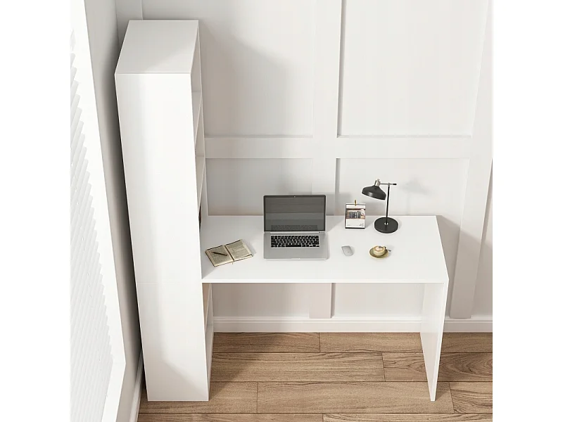 MODERNES WEISSES COMPUTER-SCHREIBTISCH FÜR JUGENDLICHE MIT REGAL UND LOFT-REGAL 125 CM