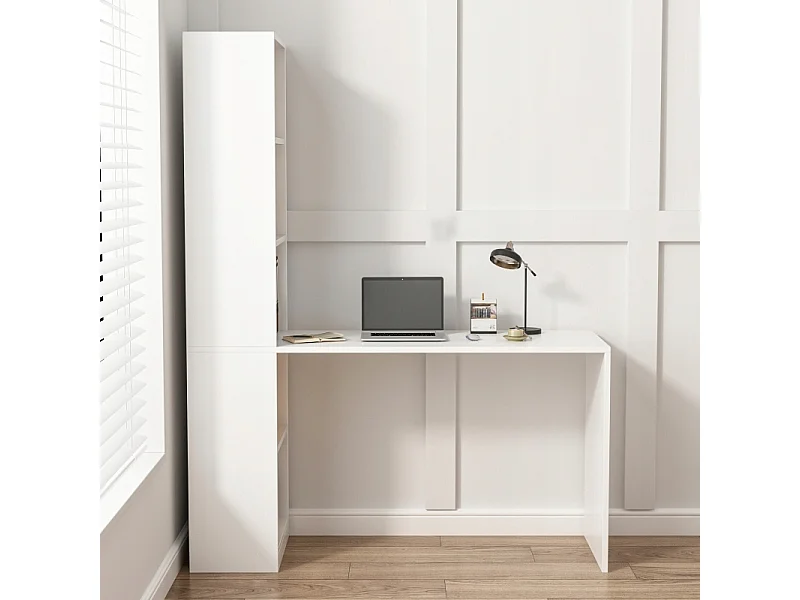MODERNES WEISSES COMPUTER-SCHREIBTISCH FÜR JUGENDLICHE MIT REGAL UND LOFT-REGAL 125 CM