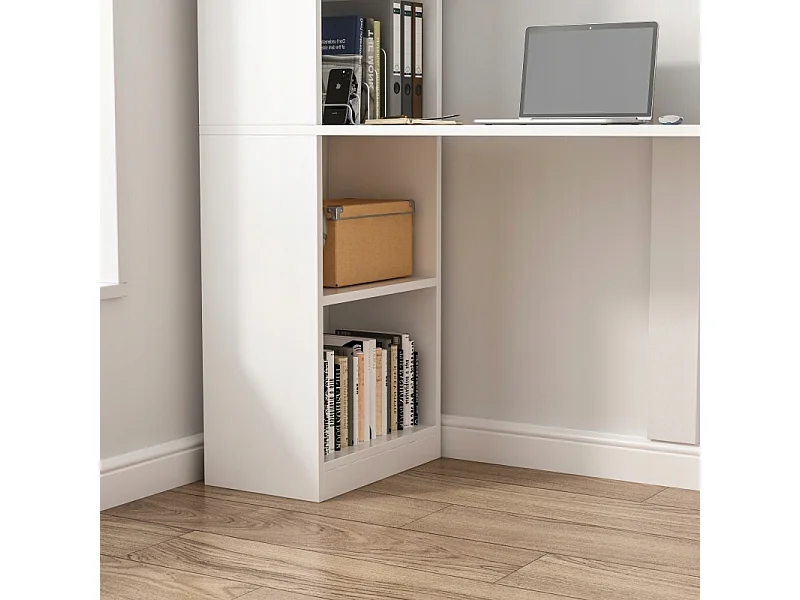 MODERNES WEISSES COMPUTER-SCHREIBTISCH FÜR JUGENDLICHE MIT REGAL UND LOFT-REGAL 125 CM