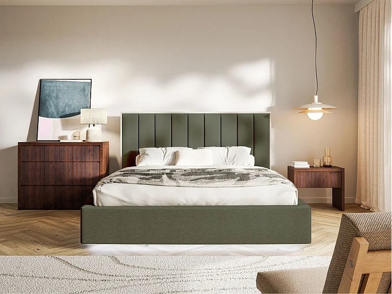 Polsterbett 160x200 mit Chenillebezug und LED – Dunkelgrün – TOGENTS