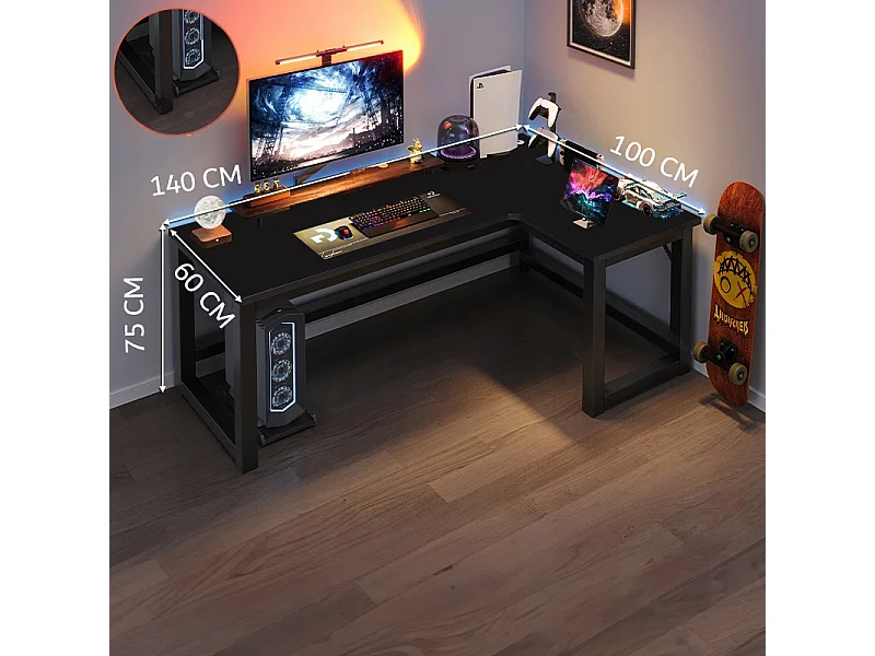 GROSSER MODERNER SCHWARZER LOFT-COMPUTER-ECK-GAMING-SCHREIBTISCH 140 CM