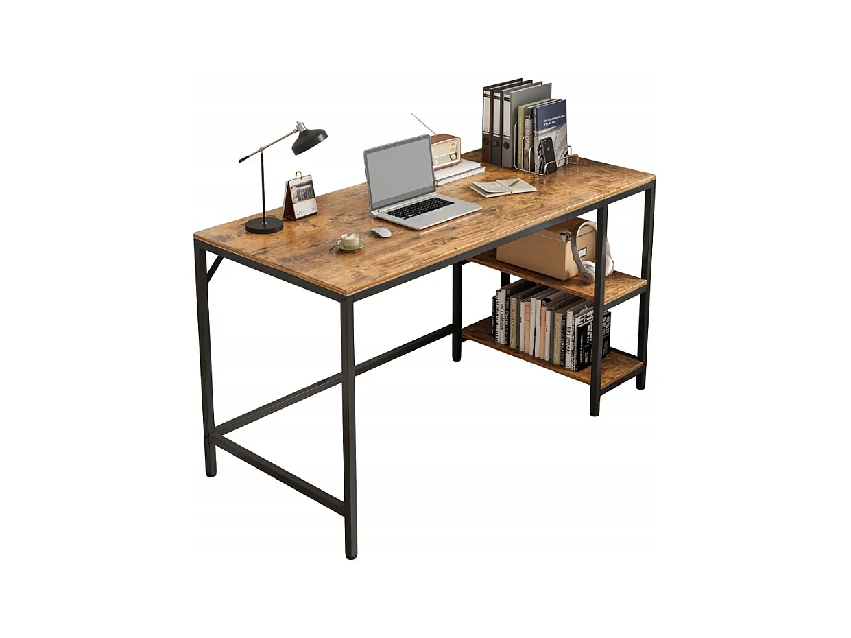 BUREAU INFORMATIQUE TABLE VINTAGE RUSTIQUE BRUN AVEC 2 ÉTAGÈRES LOFT 140 CM