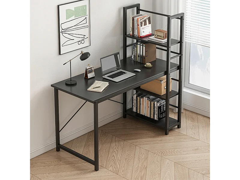 COMPUTERTISCH LOFT SCHWARZ INDUSTRIELL MIT REGAL UND REGALBÖDEN 120 CM