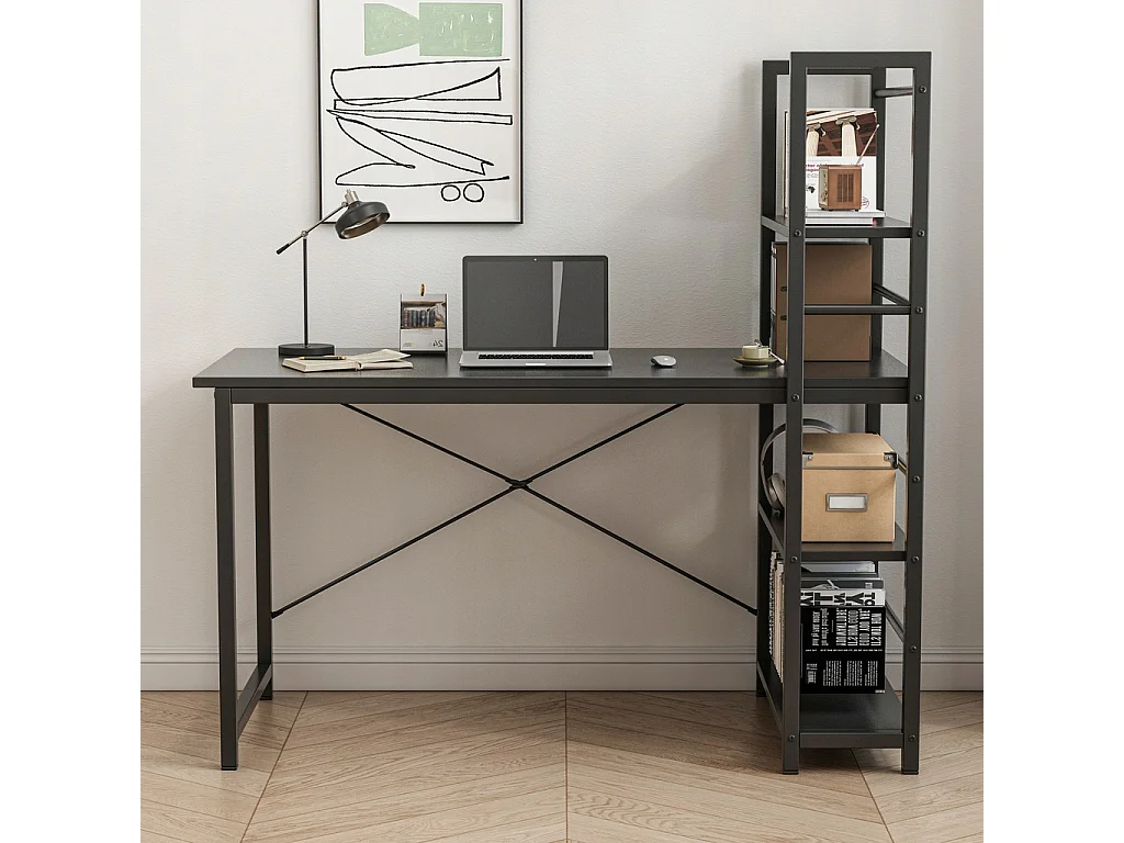 COMPUTERTISCH LOFT SCHWARZ INDUSTRIELL MIT REGAL UND REGALBÖDEN 120 CM