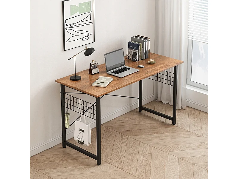 BUREAU D'ORDINATEUR LOFT INDUSTRIEL SCOLAIRE BRUN RUSTIQUE AVEC CROCHETS