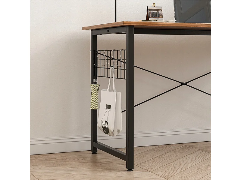 BUREAU D'ORDINATEUR LOFT INDUSTRIEL SCOLAIRE BRUN RUSTIQUE AVEC CROCHETS