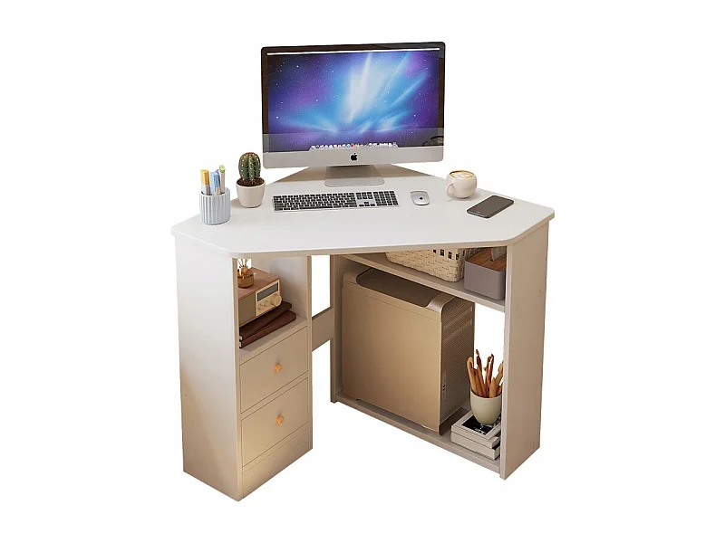 BUREAU D'ANGLE TRIANGULAIRE POUR ORDINATEUR AVEC ÉTAGÈRES MODERNE BLANC LOFT 80x75