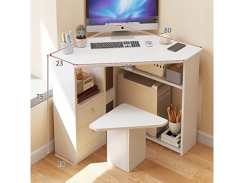 ECKIGER DREIECKIGER COMPUTERTISCH MIT REGALEN MODERN WEISS LOFT 80x75