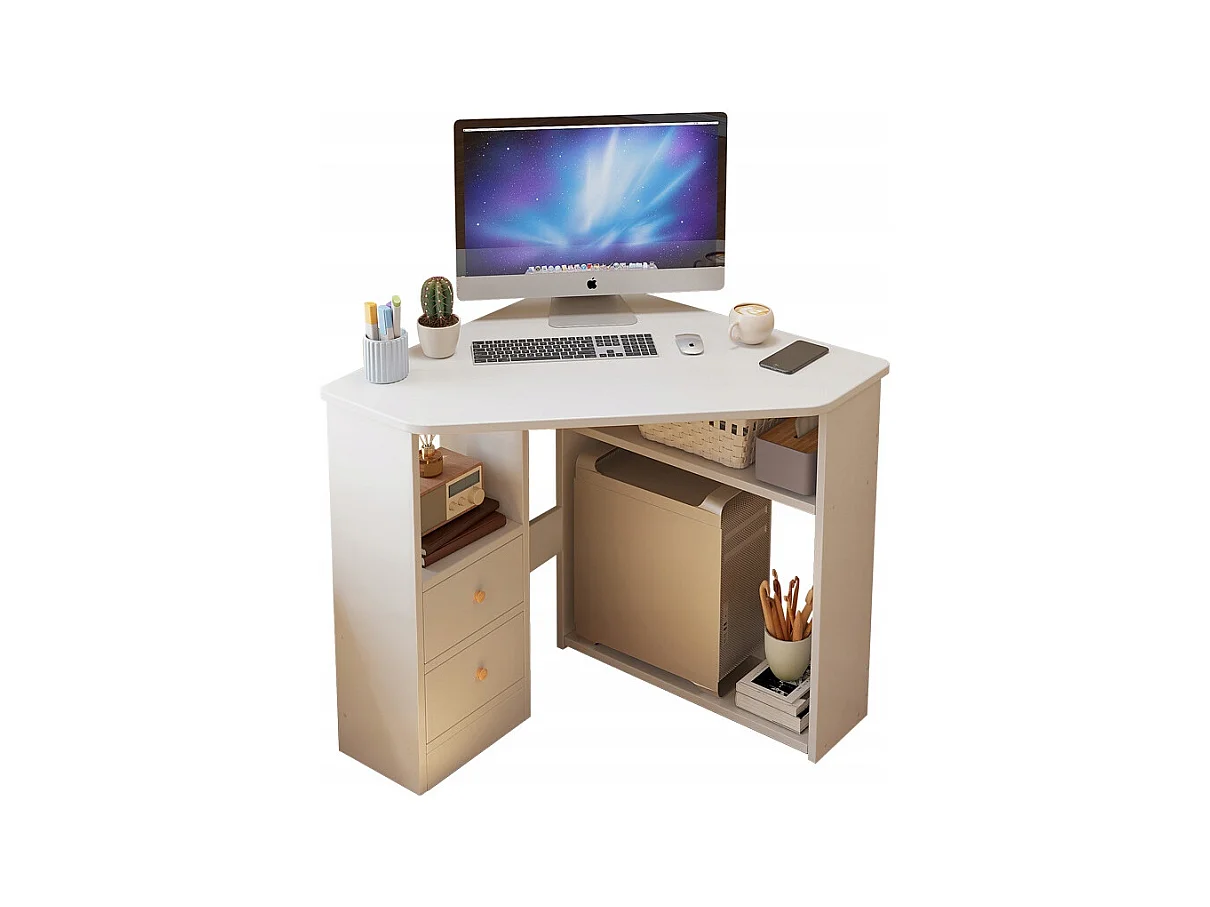 BUREAU D'ANGLE TRIANGULAIRE POUR ORDINATEUR AVEC ÉTAGÈRES MODERNE BLANC LOFT 80x75