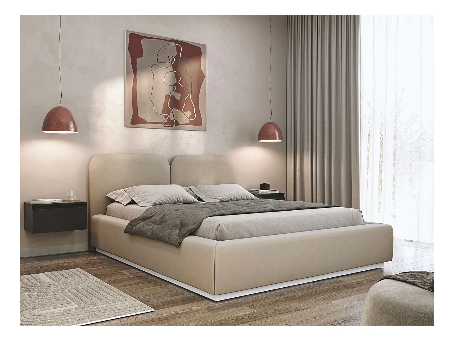 Gestoffeerd bed 180x200 met velours bekleding – Lichtbeige – COMOVES