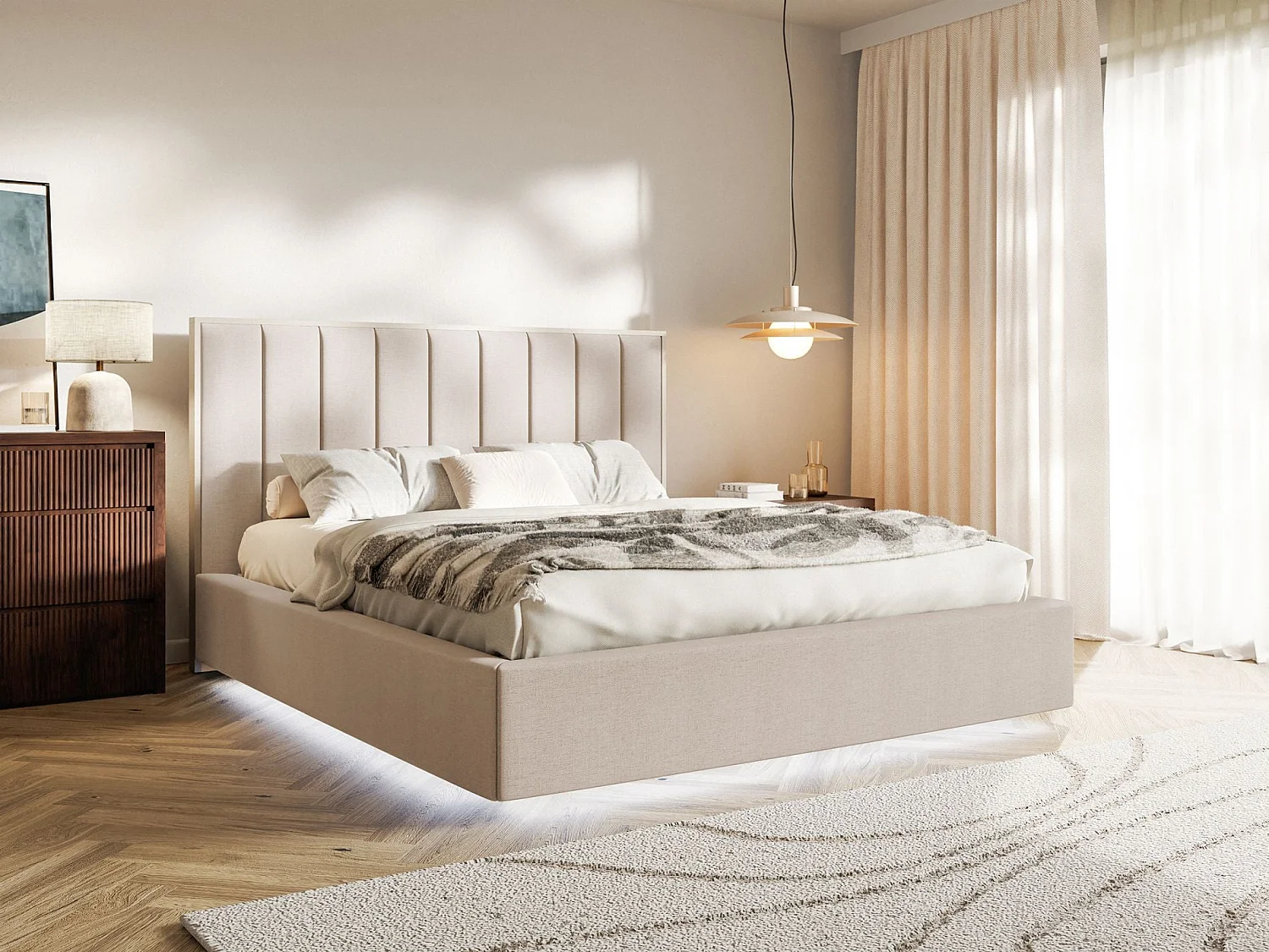 Gestoffeerd bed 140x200 - chenille en LED - beige - TOGENTS