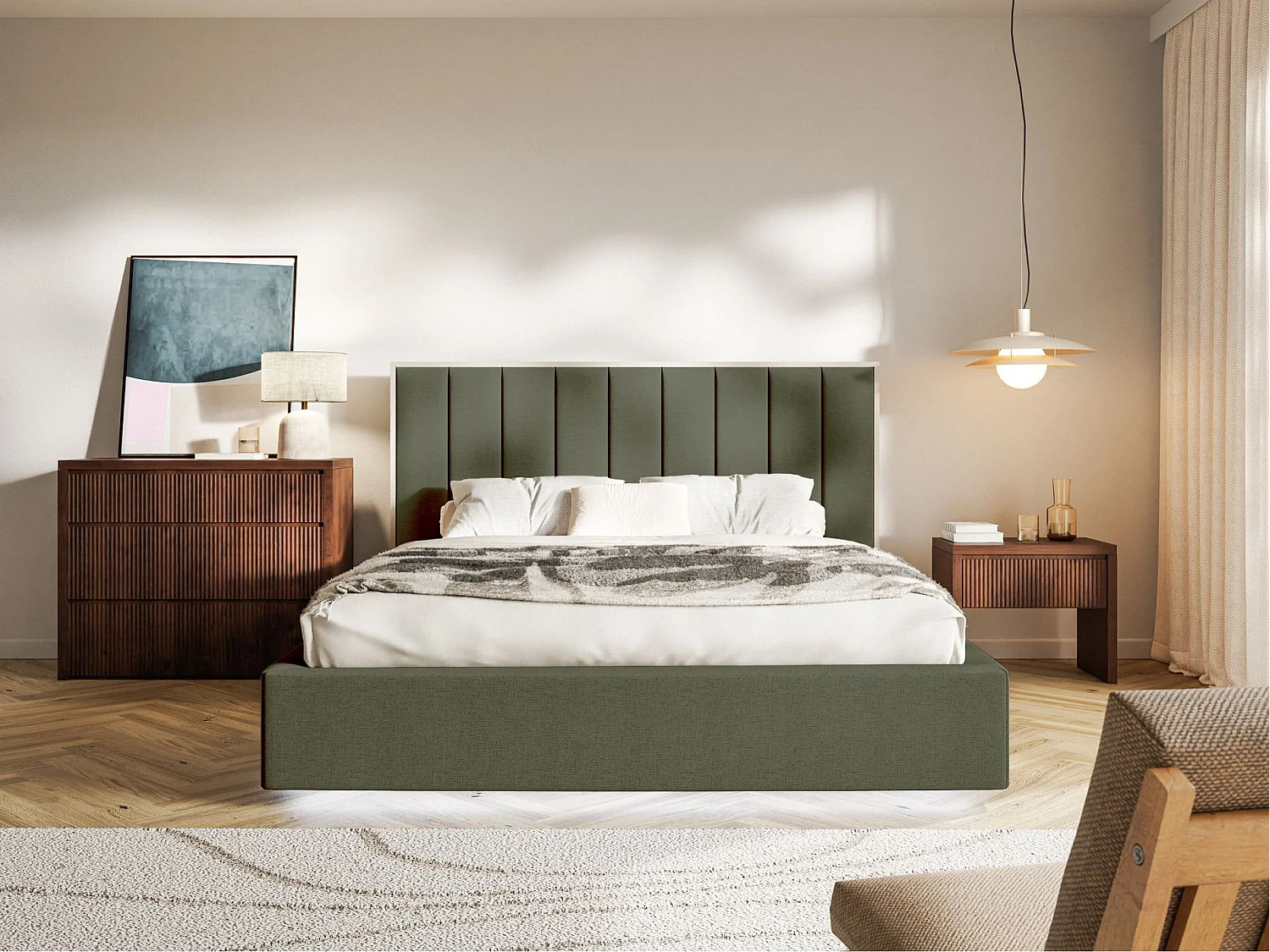 Lit tapissé avec LED180×200 - chenille - vert foncé - TOGENTS