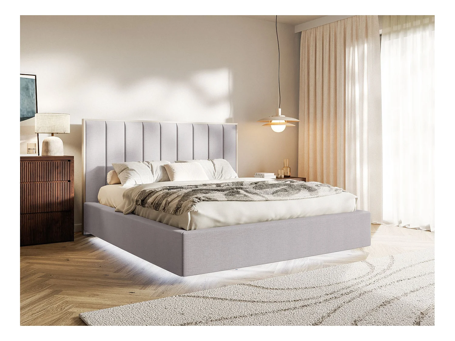 Polsterbett 160x200 mit Chenillebezug und LED – Grau – TOGENTS